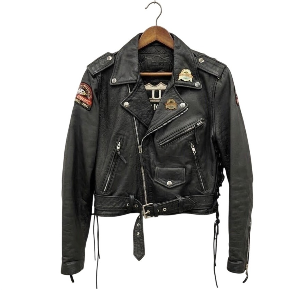 First Genuine Leather Biker Jacket Harley Davidson Sturgis Patches Black Cropped